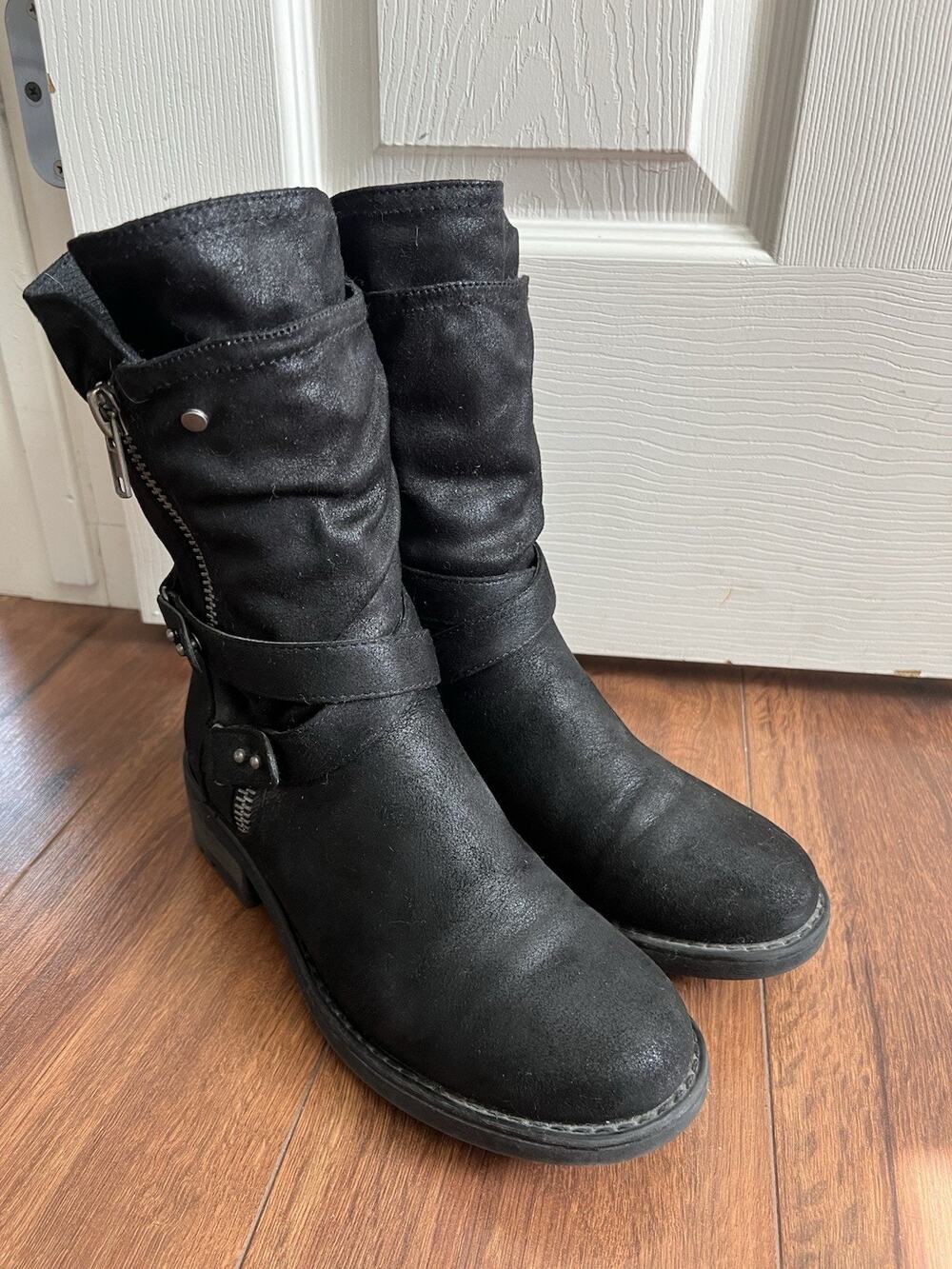 CARLOS BY CARLOS SANTANA Sawyer Black Nubuck Slouchy Motorcycle Boots Sz 8
